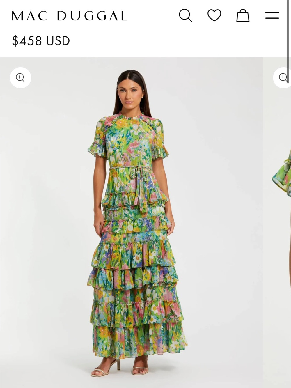 Mac Duggal Green Multicolor Floral Tiered Maxi Dress 4P 4 Petite